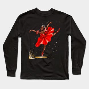 Ballet, African American ballerina in red pointe shoes, dress and crown - ballerina doing pirouette in red tutu and red shoes  - brown skin ballerina Long Sleeve T-Shirt